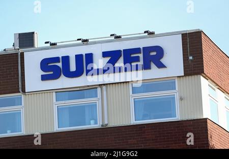 Sulzer in Vadstena, Schweden. Sulzer Ltd. Ist ein Schweizer Industrieunternehmen, das 1775 von Salomon Sulzer-Bernet gegründet und 1834 in Winterthur, Schweiz, als Sulzer Brothers Ltd. (Gebrüder Sulzer) gegründet wurde. Stockfoto