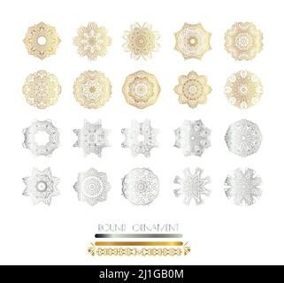 Dekorativen Lochmuster für Hochzeit Einladungen und Grußkarten. Gold, Silber Mandala am Hintergrund. Traditionellen goldenen, silbernen Dekor Stock Vektor