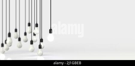 Glühende 3D-Glühlampe zwischen den anderen auf grauem Hintergrund. Führung, Innovation, große Idee und individuelle Konzepte. 3D Rendern. Stockfoto