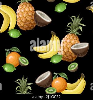 Nahtloses Muster mit Ananas, Bananen, Feigen und tropischen Blättern. Vektor. Stock Vektor