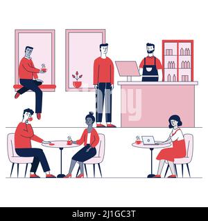Coffee Shop mit jungen Menschen Figuren essen in Kaffeehaus Vektor-Illustration. Café mit Männern und Frauen trinken Kaffee und arbeiten zusammen. Kuh Stock Vektor