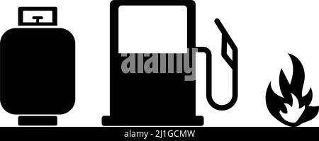 Propan Gas- und Tankstelle und Flamme Silhouette Icon Set. Bearbeitbarer Vektor. Stock Vektor