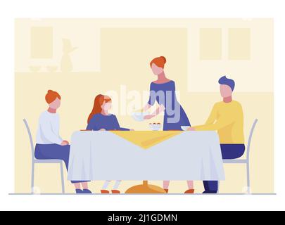 Familie beim Abendessen. Esszimmer, Tisch, Jugendliche flache Vektor-Illustration. Feier, Haus, Event-Konzept für Banner, Website-Design oder Landung w Stock Vektor