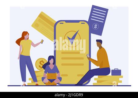 Finanz- und Zahlungssicherheit. Menschen mit Laptop, Smartphones, Überweisung Geld flach Vektor Illustration. Online-Zahlung, Transaktion, Banking Konz Stock Vektor