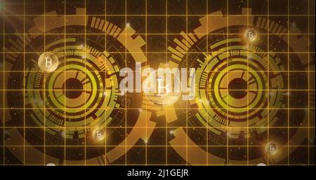 Abbildung von Bitcoin-Symbolen über Scopes Stockfoto