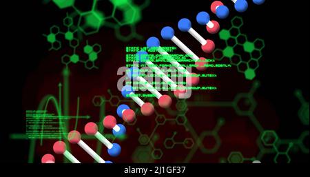 Bild von dna-Strang und medizinischer Datenverarbeitung auf schwarzem Hintergrund Stockfoto