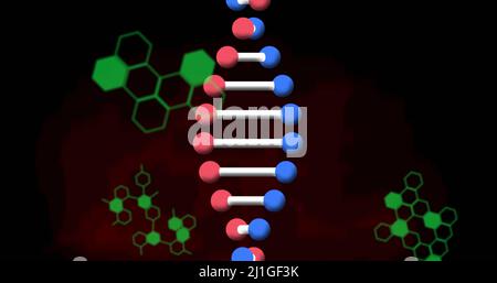 Bild von dna-Strang und medizinischer Datenverarbeitung auf schwarzem Hintergrund Stockfoto