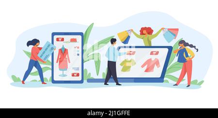 Personen, die Online-Einkäufe tätigen. Shopping, Internet, Verkauf flache Vektor-Illustration. Online-Shopping-Konzept für Banner, Website-Design oder Landing Web p Stock Vektor