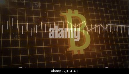 Bild der Verarbeitung von Finanzdaten über Bitcoin-Zeichen auf schwarzem Hintergrund Stockfoto