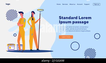 Ein paar Wandmaler. Mann und Frau mit Walze und Farben machen Hause Verbesserung flache Vektor-Illustration. Haus Renovierung, Arbeit, Reparatur-Konzept Stock Vektor