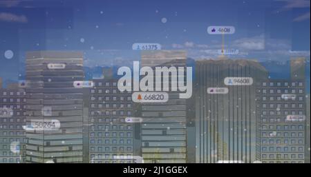 Bild von Mediensymbolen über dem Stadtbild Stockfoto