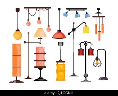 Abbildung des Lampensatzes. Set von modernen Lampen auf weißem Hintergrund. Innenraumkonzept. Kann für Themen wie Design, Interieur, Wohnung verwendet werden Stock Vektor