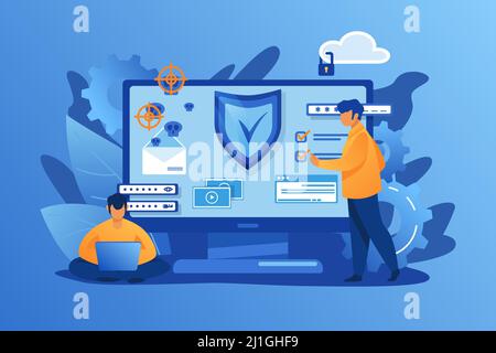 Persönliche digitale Sicherheit. Verteidigung, Schutz vor Hackern, Betrüger flache Vektor-Illustration. Datenschutzverletzungen, Vermeidung von Datenlecks Konzept für ein Verbot Stock Vektor