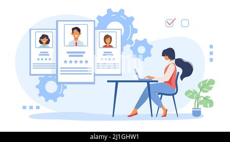 Rekrut Agent, der Kandidaten analysiert. HR-Manager studieren Mitarbeiter Profile auf Internet-Ebene Vektor-Illustration. Bewerten, Personal, Personalkonzept f Stock Vektor