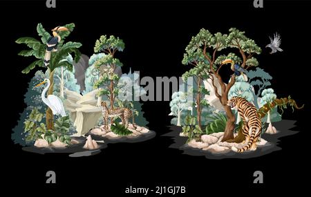 Dschungellandschaft mit Tieren. Vektordruck auf der Innenseite. Stock Vektor