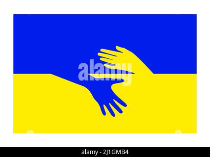 Flagge der Ukraine und zwei Hände. Ein Symbol der Freiheit und Einheit, Hilfe für die Menschen in der Ukraine. Stock Vektor