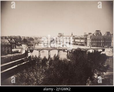 Vintage-Ansicht der seine in Paris vom Square du Vert-Galant, einem Park an der Spitze der Ile de la Cité, im Jahr 1857. Eine Reiterstatue von H Stockfoto