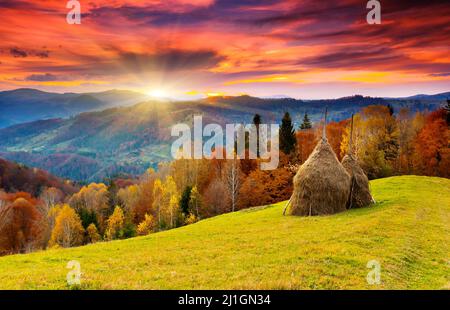 die herbstliche Berglandschaft mit bunten Wald Stockfoto