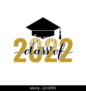 Schriftzug der Klasse 2022 mit Graduierungskappe isoliert auf Weiß. Herzlichen Glückwunsch an Absolventen Typografie Poster. Vektorvorlage für Grußkarte, sti Stock Vektor