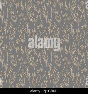 Nahtloses Blumenmuster. Handgezeichnetes Gras auf grauem Hintergrund. Vektorgrafik. Stock Vektor