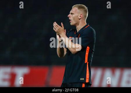 Sofia, Bulgarien. 25. März 2022. SOFIA, BULGARIEN - 25. MÄRZ: Mitchell Bakker von den Niederlanden U23 reagiert während des EM 2023 Qualifiers-Spiels zwischen Bulgarien U23 und den Niederlanden U23 im Slavia-Stadion am 25. März 2022 in Sofia, Bulgarien (Foto von Nikola Krstic/Orange Picics) Credit: Orange Pics BV/Alamy Live News Stockfoto