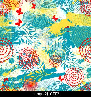Nahtloser Hintergrund mit abstrakten Blots, Blumen und Schmetterlingen. Vektorgrafik Stock Vektor