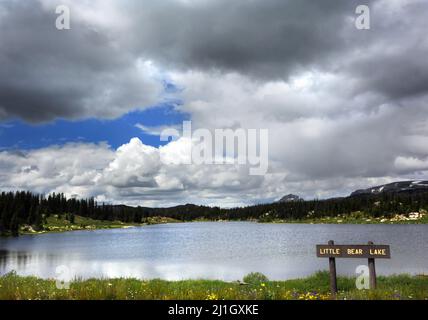 Dunkle Wolken Rollen über dem Beartooth Pass in Wyoming. Wolken schweben über Little Bear Lake und Holzschild. Stockfoto