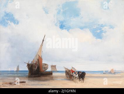 Gestrandete Schiffe und ein Wagen in der Nähe von Trouville. Richard Parkes Bonington. c. 1825 Stockfoto