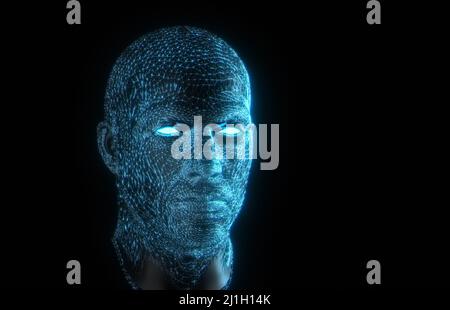 Blaues Fragment abstrakter menschlicher Kopf und Gesicht, 3D Darstellung einer Cyborg-Kopfkonstruktion, Konzept der künstlichen Intelligenz. Stockfoto