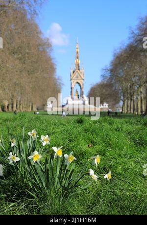 Frühlingssonne auf dem Albert Memorial in Kensington Gardens, im Westen Londons, Großbritannien Stockfoto