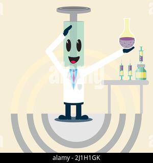 Cute Spritze Arzt Karikatur hält Chemie-Objekte Impfung Vektor Stock Vektor