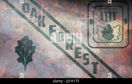 Draufsicht auf die Retro-Flagge von Oak Forest, Illinois, ungebundene Staaten von Amerika mit Grunge-Struktur. USA Patriot und Reisekonzept. Kein Fahnenmast. Plane-Design Stockfoto