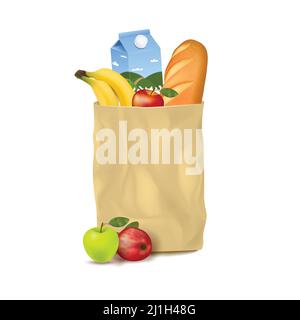 Isolierte realistische Bild der braunen Handwerk Papierbeutel voll von Lebensmittel Brot Milch Früchte mit Schatten Vektorgrafik Stock Vektor