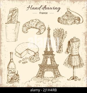 Handgezeichnetes paris-Deko-Icon-Set mit verschiedenen französischen Snacks Wein Kleidung und eiffelturm Bilder Vektor-Illustration Stock Vektor