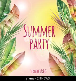 Leichte Sommerparty tropische botanische Vorlage mit realistischer Bananenpalme Blätter auf verschwommenem Hintergrund Vektorgrafik Stock Vektor