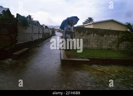 St. Kitts gehen in Monsoon zusammen mit dem Regenschirm spazieren Stockfoto