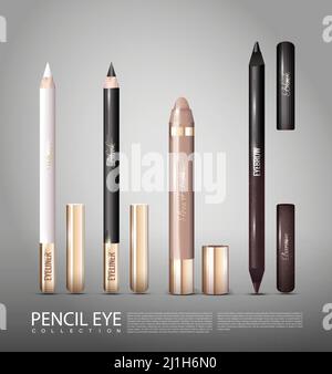 Modische Kosmetik-Produkte für Augen Set mit Eyeliner Lidschatten und Augenbraue im realistischen Stil isoliert Vektor Illustration Stock Vektor