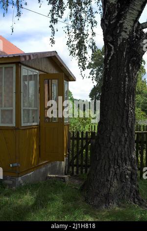 Wytyczno Polesie, Polesien, Poleski Park Narodowy, Polska, Polen, Polen, hölzerne Veranda eines Landhauses im Schatten einer großen Birke Stockfoto