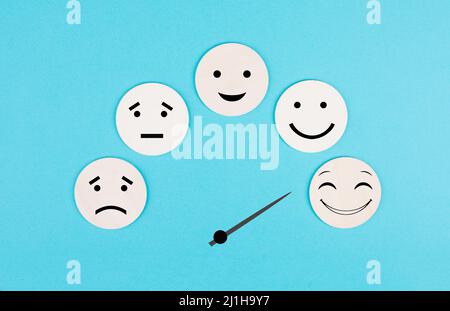 Tachometer mit glücklichen und traurigen Gesichtern, Business- und Service-Rating, Bewertungskonzept, Marketing, Mood Board Stockfoto