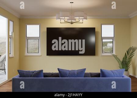 Couch, Pflanze und unbeschriftete Wand-TV in Light Yellow Painted Room. Stockfoto