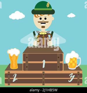 Isolierte männliche Karikatur mit deutscher Kleidung und Biergläser Vector Stock Vektor