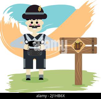 Isolierter männlicher Cartoon mit deutscher Kleidung und einem Schild Vector Stock Vektor