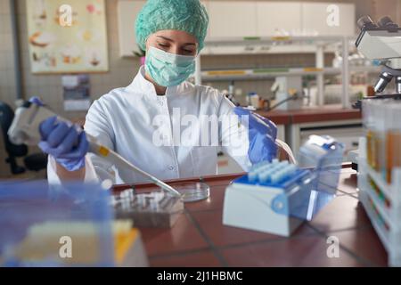 Eine junge Wissenschaftlerin im Bereich der Pipettierung von Schutzgeräten in einer sterilen Laborumgebung. Wissenschaft, Chemie, Labor, Menschen Stockfoto