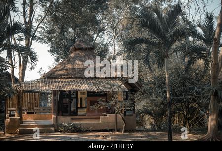 Wunderschöner Blick auf das Sommerhaus aus Holz oder den Sommerbungalow aus Holz, umgeben von einem wunderschönen tropischen Park. Selektiver Fokus. Stockfoto