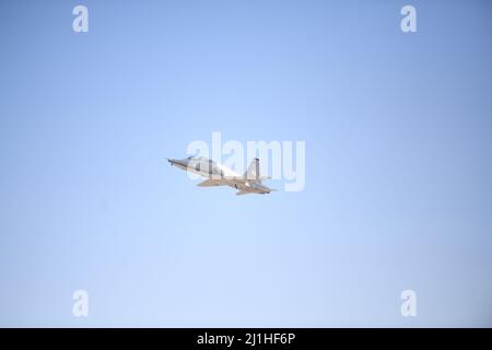 Ein T-38C Talon fliegt am 24. März 2022 auf der AFB Joint Base San Antonio-Randolph im Rahmen des jährlichen Freedom Flyer-Programms 48. Basisbetrieb. Das Programm wurde vom Flying Training Squadron 560. ausgerichtet und ehrt den Dienst und die Opfer unserer Vietnam-Kriegsgefangenen/MIA-Piloten. (USA Luftwaffe Foto von Brian Boisvert) Stockfoto