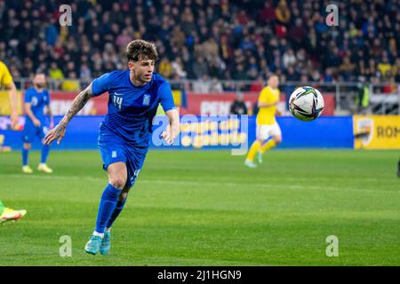 Bukarest, Rumänien. 25. März 2022. Lazaros Rota #14 von Griechenland während des Freundschaftsspiel zwischen den Nationalmannschaften Rumäniens und Griechenlands im Steaua-Stadion in Bukarest, Rumänien. 25.03.2022. Foto: Copyright 2020, Quelle: Cronos/Alamy Live News Stockfoto