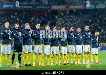 Rumänische Mannschaft beim Freundschaftsspiel zwischen den Nationalmannschaften Rumäniens und Griechenlands im Stadion „Steaua“ in Bukarest, Rumänien. 25. März 2022. Foto: Copyright 2020, Quelle: Cronos/Alamy Live News Stockfoto