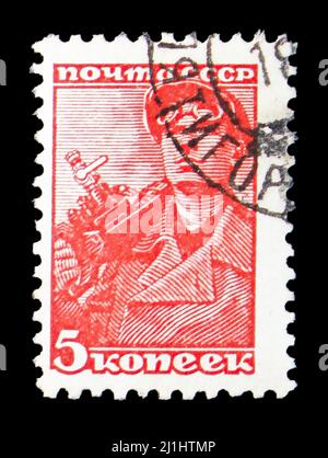 MOSKAU, RUSSLAND - 10. MÄRZ 2022: Die in der UdSSR gedruckte Briefmarke zeigt Miner, endgültige Ausgabe Nr.6 Serie, um 1957 Stockfoto