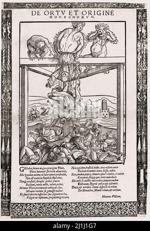 Gravur der antikatholischen Satire der Reformation. Über Ursprung und Ursprung der Mönche (1545) drei Teufel halten sich auf einem Galgen auf, von dem einer ihn entlastet Stockfoto