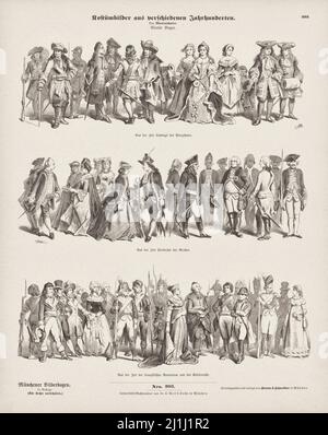 Lithographie von Kostümbildern aus verschiedenen Jahrhunderten. 1856 Stockfoto